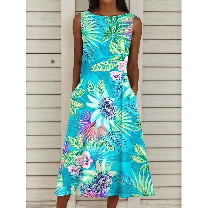 Women's Midi Dress Sundress A Line Dress Summer Dress Vacation Casual Cocktail Vacation Regular Fit Floral Graphic Sleeveless Crew Neck Green Summer