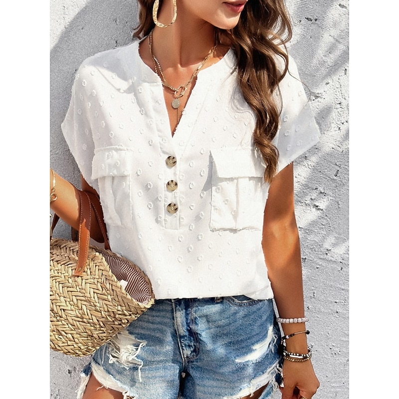 Women's Shirt Linen-Inspired Shirts Blouse Solid Color Stylish Casual Short Sleeve Notched Neck Regular Tops Daily Lace Patchwork Buttons Black White Wine Green Summer Spring