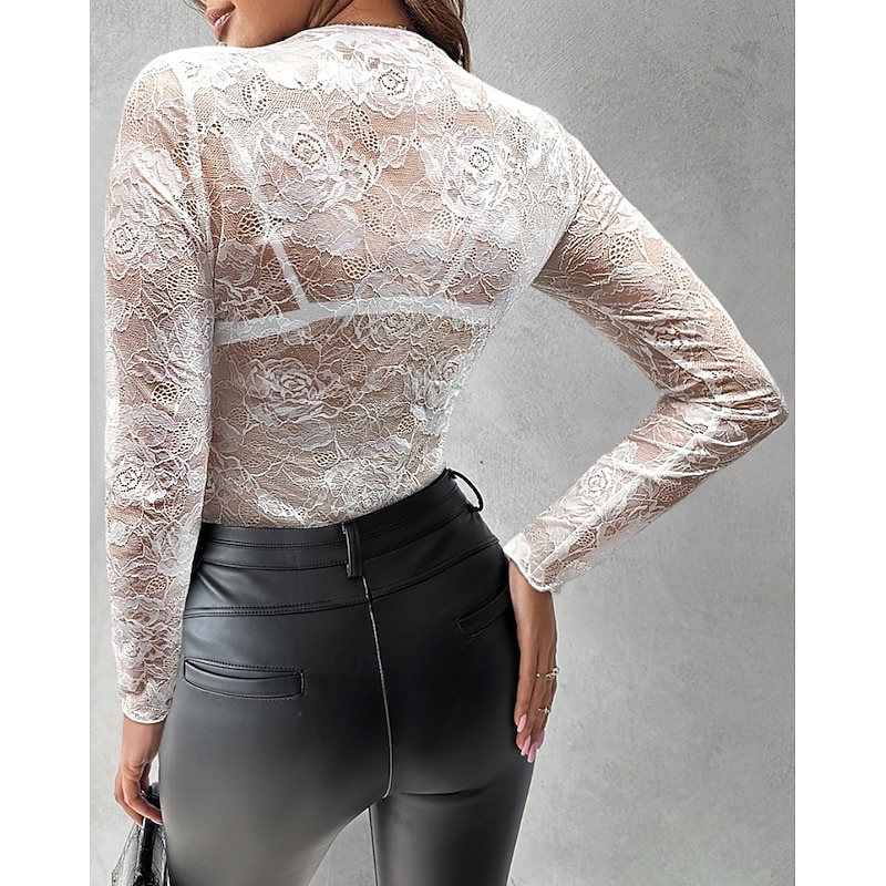 Blouse Women's Transparent Black 6 black Black Embroidered Flower / Plants Lace Hole Daily Elegant Lace Round Neck S2