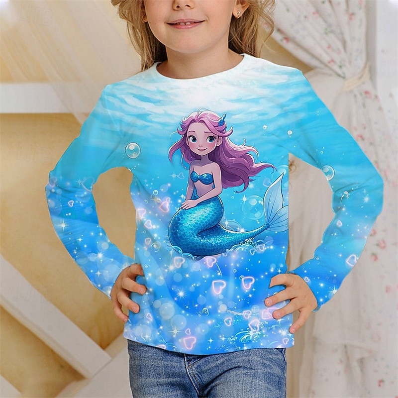 Girls' 3D Graphic Mermaid T shirt Tee Long Sleeve Spring Fall Fashion Basic Kids 4-12 Years Crew Neck Outdoor Casual Daily Regular Fit