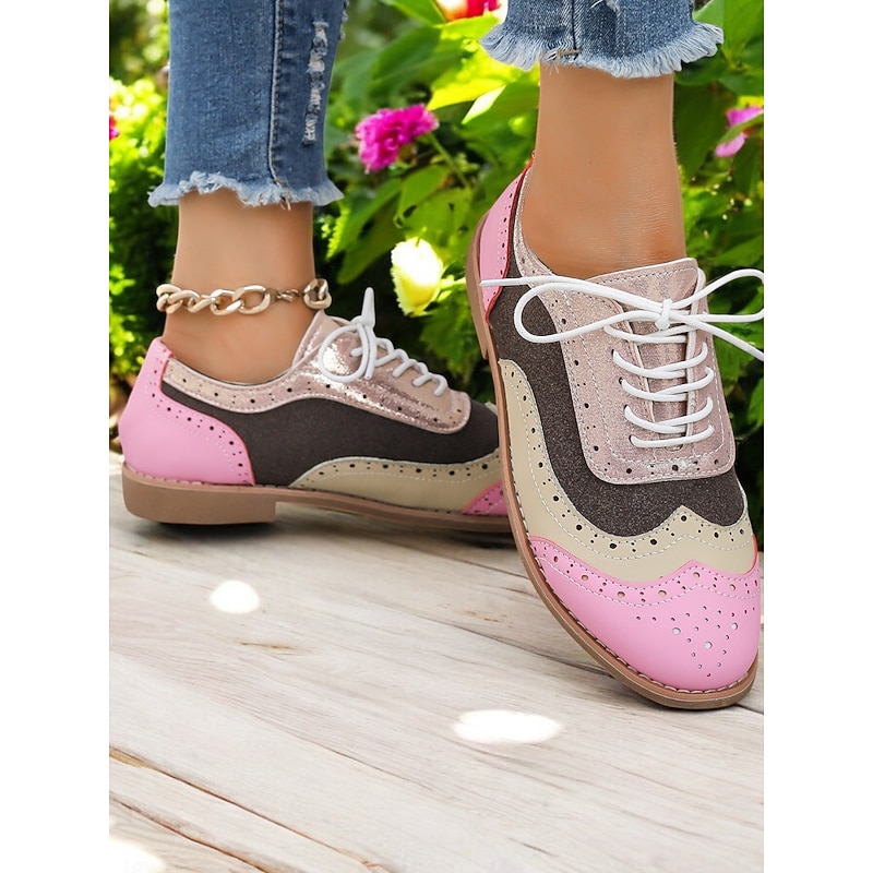 Colorful Pink and Beige Brogue Oxford Sneakers for Women, Casual Lace-Up Shoes with Perforated Detailing, Stylish and Comfortable for Everyday Wear4