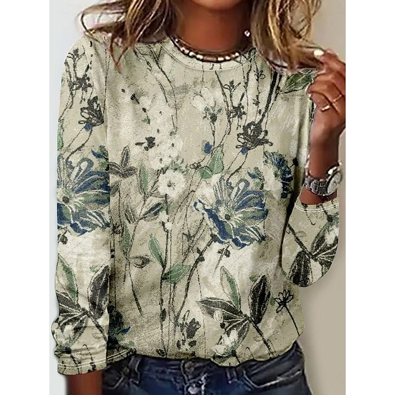Women's T shirt Crew Neck Long Sleeve Tunic Floral Plants Elegant Vintage  Regular Tops Daily Going out Weekend Print Light Green