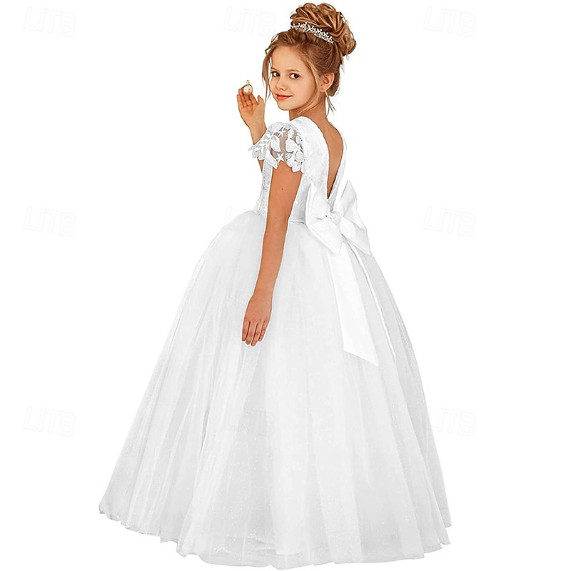 Flower Girl Dress Kid's Girls' Lace Dress Formal Dress Princess Dress First Communion Dress Performance Wedding Party Elegant Beautiful Lace Mesh Solid Color Short Sleeve Crew Neck Light Pink White 4