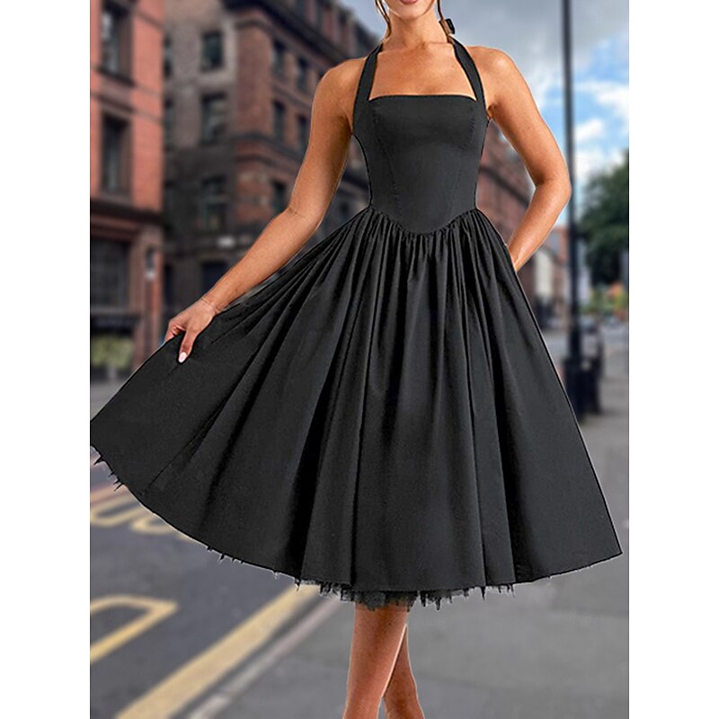 Retro Vintage 1950s Midi Dress Flare Dress Halter Solid Color A-Line Fancy Dress Women's Masquerade Wedding Vacation Tea Party Adults' Dress