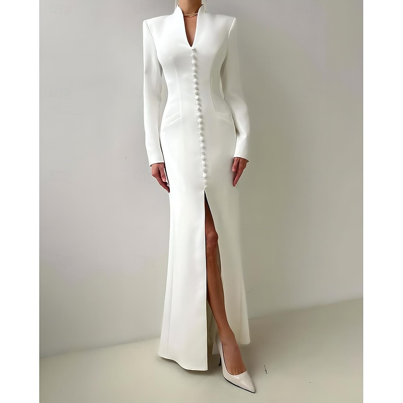 Tuxedo Dress Mermaid / Trumpet Mermaid Wedding Guest Stretch Crepe Elegant High Split Long Sleeve Floor Length V Neck