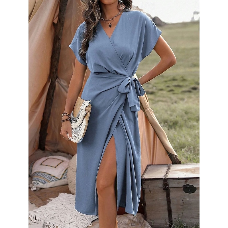 Women's Midi Dress Casual Dress Wrap Dress A Line Dress Basic Casual Vacation Daily Regular Fit Plain Short Sleeve V Neck Blue Brown Green Summer4