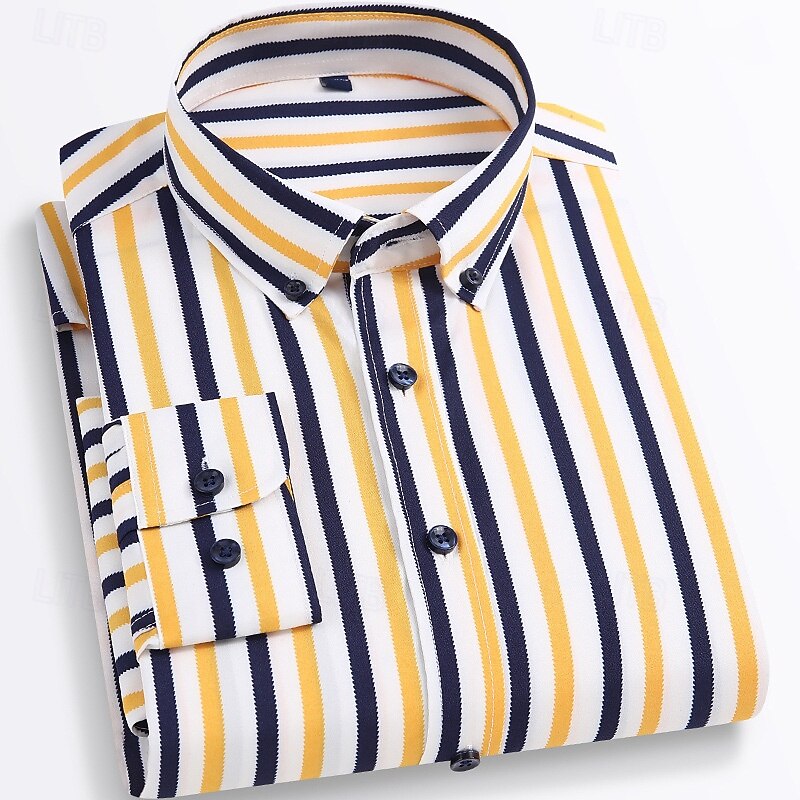 Men's Shirt Dress Shirt Button Up Shirt Stripes Wedding Party Navy blue+white Black White Yellow Long Sleeve Lapel Spring Fall Clothing Apparel Pocket