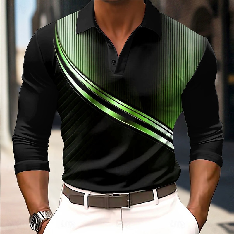 Men's Geometric Line Golf Shirt Long Sleeve Polo Shirts Collared Shirts Casual Business Casual Street Athleisure Outdoor clothing Holiday Buttons 3D Print Spring Fall Winter White Blue Orange4