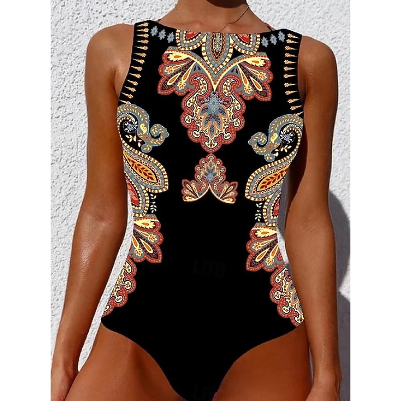 Women's Swimsuits One Piece Monokini Swimsuit Backless Tummy Control High Waist Slim Vacation Beach Wear Geometric Round Neck Sleeveless Bathing Suits