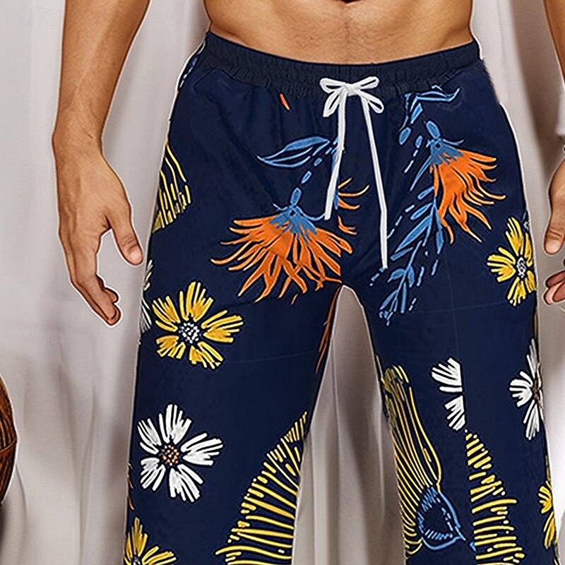Men's Floral Print Flowers Trousers Baggy Pants Casual Pants Mid Waist Hawaiian Vacation Holiday Beach Wear Drawstring Elastic Waist Wide Leg Summer Spring 3D Print Dark Blue2