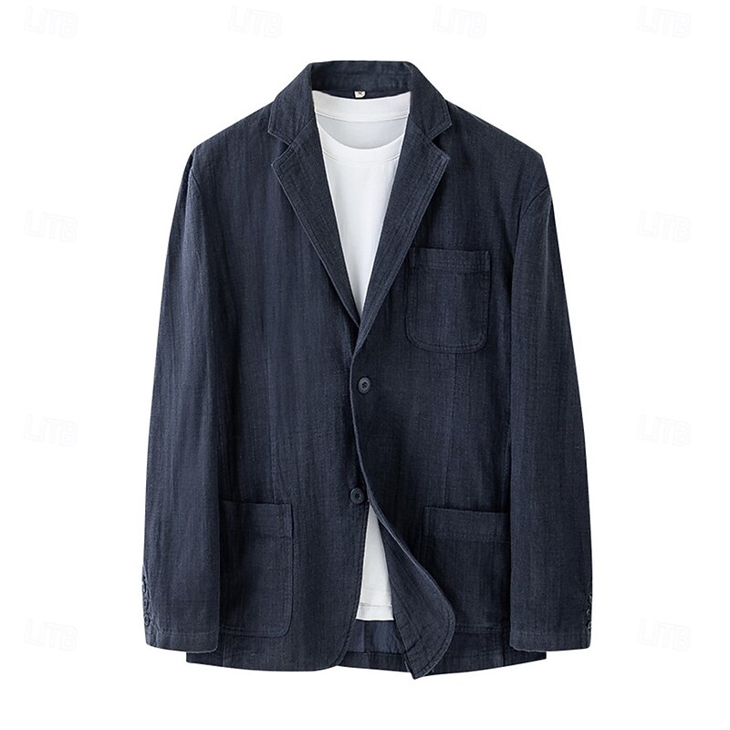 Men's 100% Linen Blazer Jacket Formal Wedding Elegant Warm Spring Fall Solid Color Thicken Single Breasted Two-button Blazer Black Navy Blue