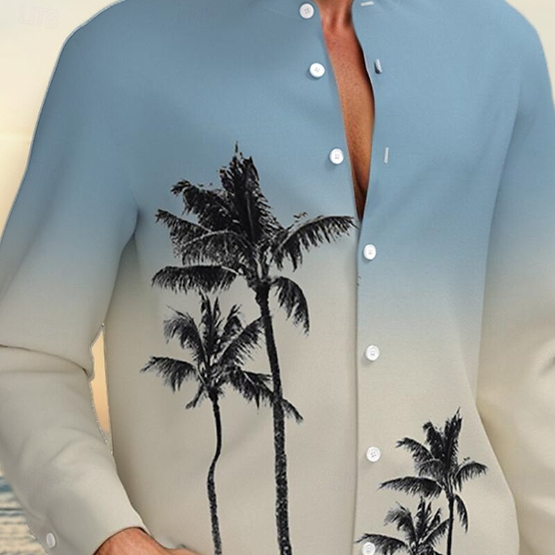 Men's Coconut Tree Gradient Color Tropical Plants Shirt Summer Hawaiian Shirt Collarless Shirt Long Sleeve Hawaiian Resort Vacation Casual Holiday Summer Spring Standing Collar 3D Print Button Down2