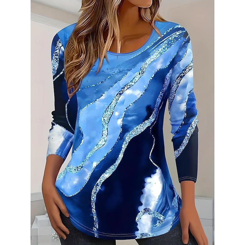 Women's T shirt Long Sleeve Crew Neck Long Sleeve Tunic Ombre Marble Elegant Vintage Regular Tops Daily Going out Weekend Print Black White Pink Navy Blue Blue Prefall - Main Image