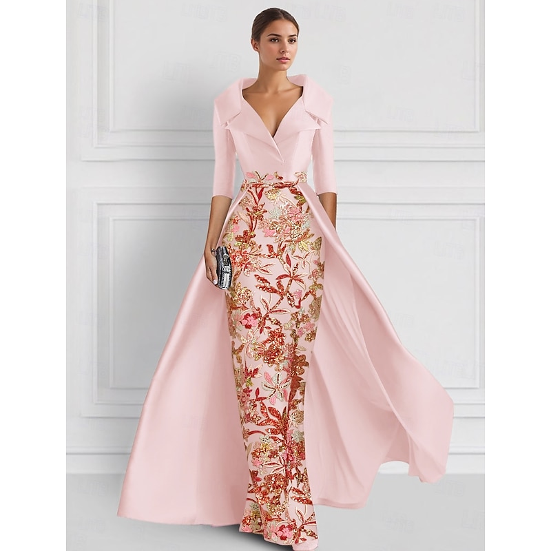 Embroidered Ball Gown A-Line Evening Gown Elegant Dress Formal Wedding Floor Length Half Sleeve Shirt Collar Satin with Slit Appliques 24