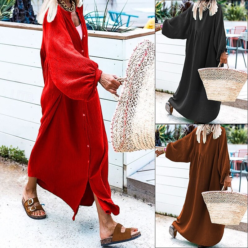Women's Long Dress Maxi Dress Casual Dress Stylish Casual Lantern Sleeve Vacation Daily Date Regular Fit Plain Long Sleeve Stand Collar Black Red Brown Spring Fall