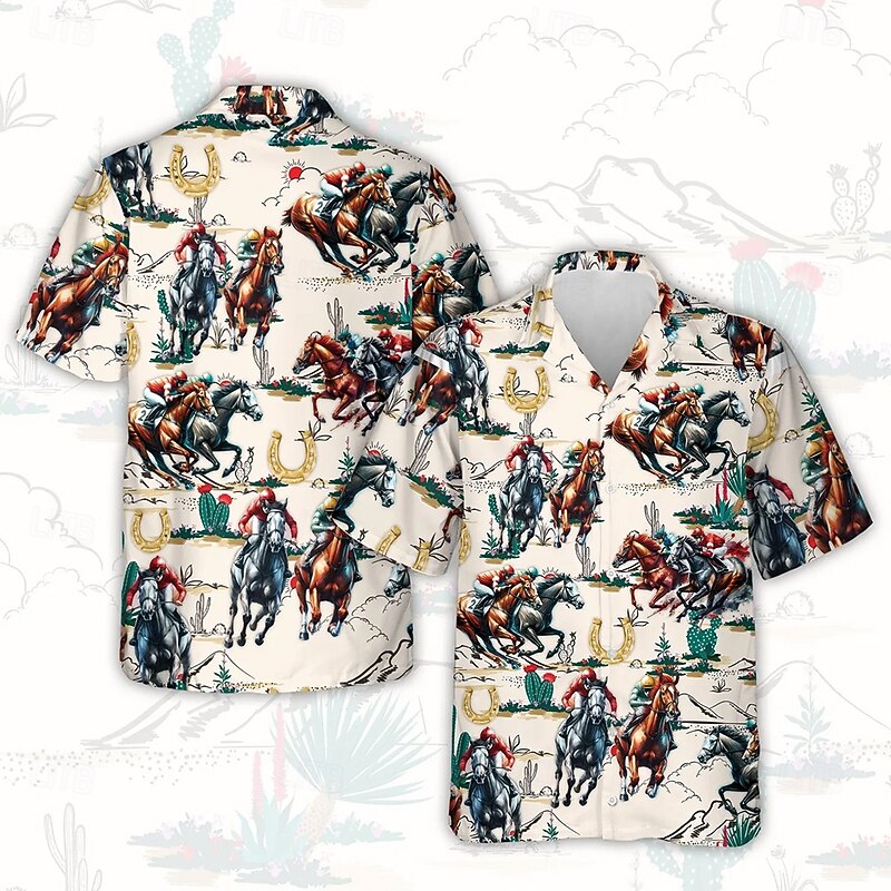 Kentucky Derby Men's Cowboy Horse Racing Shirt Cuban Collar Shirt Short Sleeve Vintage Retro Vacation Holiday Festival Summer Spring Camp Collar Shirt 3D Print Funny Kentucky Derby Shirts Beige2