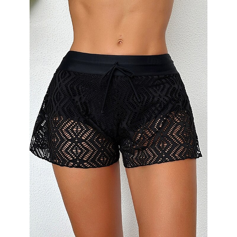 Women's Swimwear Stretchy Boxer Shorts Swimsuit Mesh High Waist Vacation Beach Wear Solid Color Sleeveless Bathing Suits