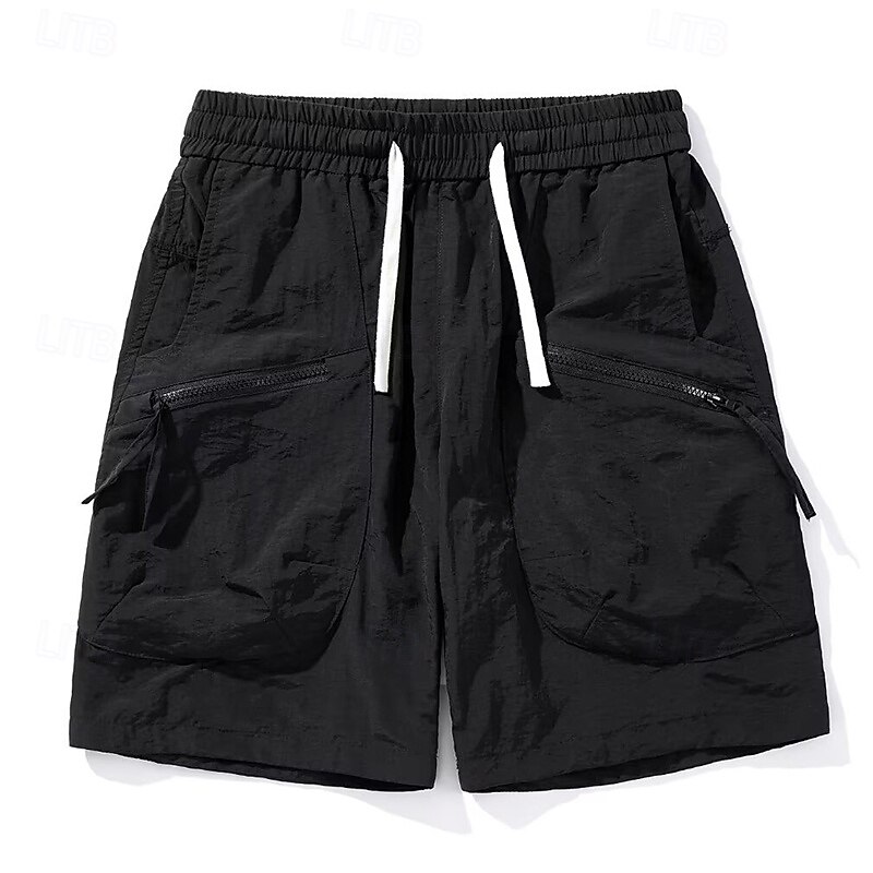 Men's Cargo Shorts Shorts Bermuda shorts Casual Shorts Elastic Waist Zipper Pocket Straight Leg Plain Breathable Moisture Wicking Knee Length Outdoor Casual Running Sports Fashion Black White4