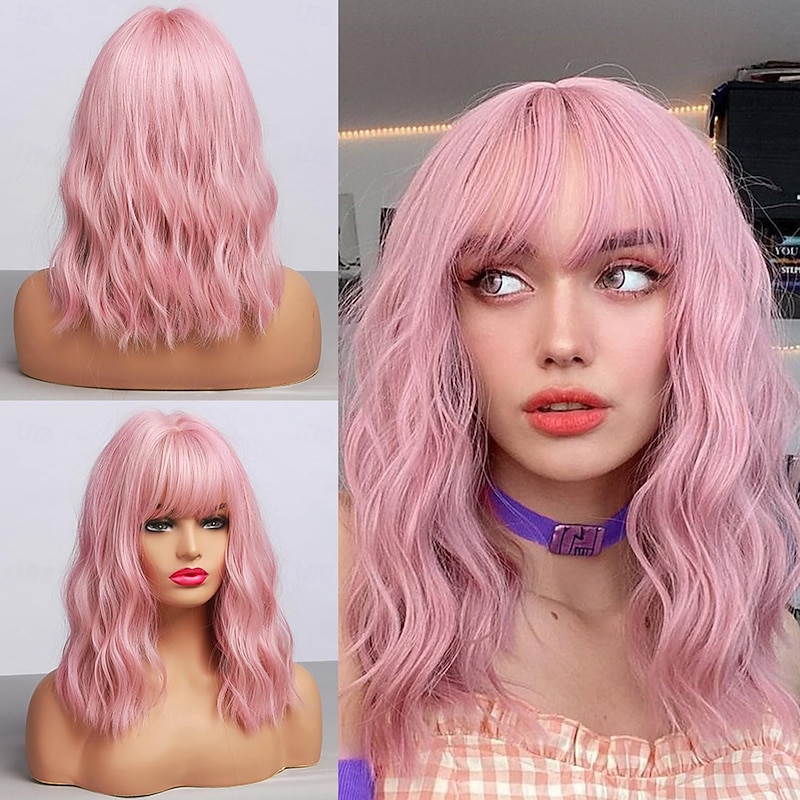 Pink Wig for Women Pink Bob Wig with Bangs, Light Pink Short Wavy Wigs for Costume Cosplay