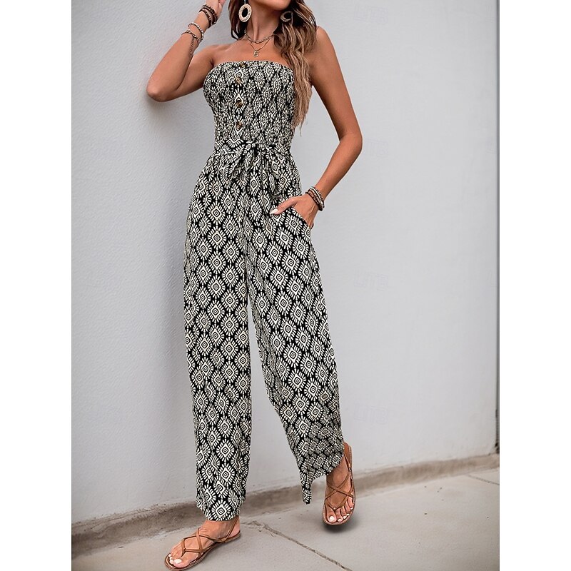 Women's Normal Jumpsuit Active Solid Color Sleeveless Strapless Pocket High Waist Vacation Daily Regular Fit Black Summer4