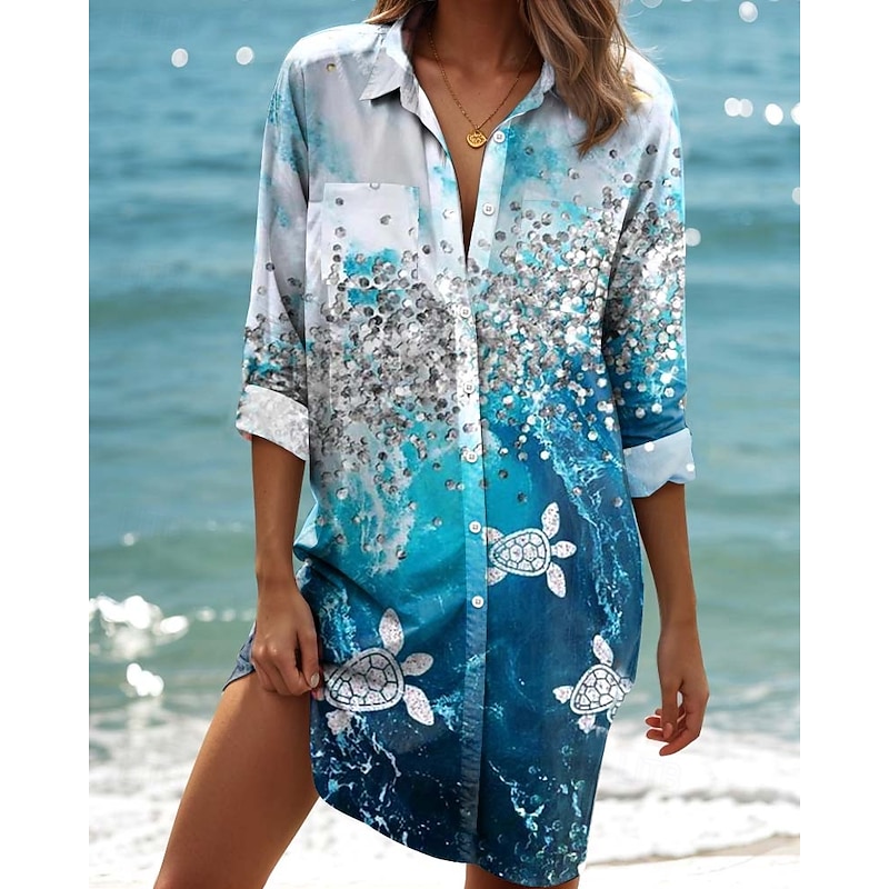 Women's Mini Dress Shirt Dress  Graphic Elegant Vintage Tropical Long Sleeve Shirt Collar Long  Buttons Print Blue Summer Spring
