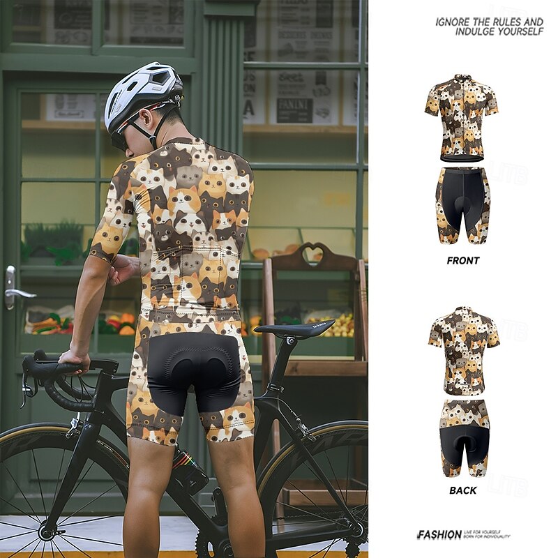 Men's Cycling Jersey with Shorts Cat Short Sleeve Bike Clothing Suit with 3 Rear Pockets Mountain Bike MTB Road Bike Cycling Front Zipper Sweat wicking Comfortable Breathable Sports Black Yellow Dark4