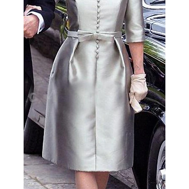 Sheath Mother of the BrideCocktail Dresses Elegant Dress Wedding Guest Cocktail Party Knee Length 3/4 Length Sleeve Shirt Collar Pocket Stretch Satin with Sash / Ribbon Race Day Dress4