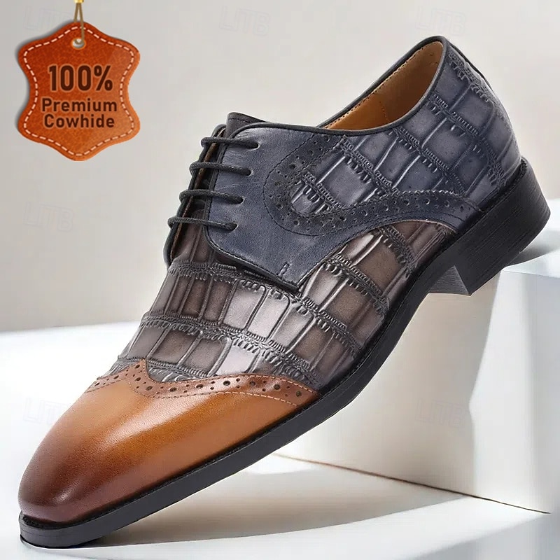 Men's Premium Cowhide Crocodile-Embossed Oxfords with Brogue Detailing – Brown and Black Color Block for Formal and Business Occasions - Main Image