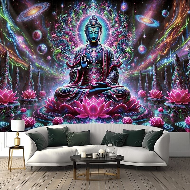 Blacklight Tapestry Glow in the Dark Glow Party UV Reactive Trippy Misty Mandala Boheian Buddha Nature Landscape Hanging Tapestry Wall Art Mural for Living Room Bedroom4