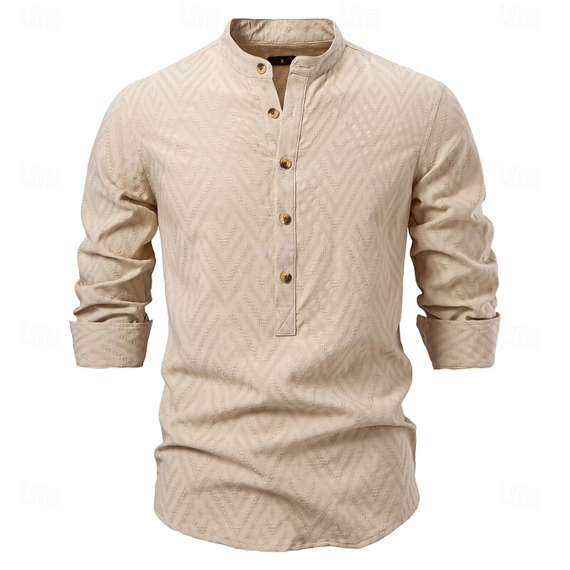 Men's Shirt Popover Shirt Summer Shirt Casual Shirt Beach Shirt Button Up Shirt Black White Apricot Long Sleeve Jacquard Solid / Plain Color Band Collar Vacation Hawaiian Buckle Clothing Apparel