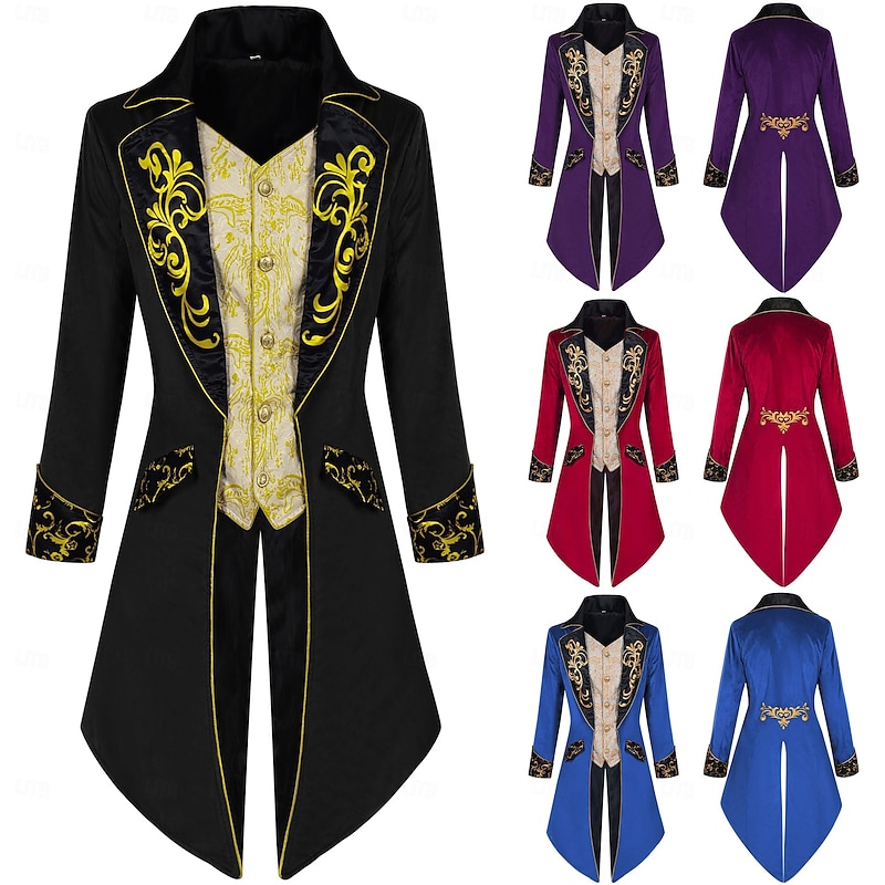 Vintage Punk & Gothic 18th Century Coat Cosplay Costume Tuxedo Vampire Gentleman Embroidered Fancy Dress Men's Royal Steampunk Halloween Carnival Masquerade Performance Renaissance Fair LARP Adults'