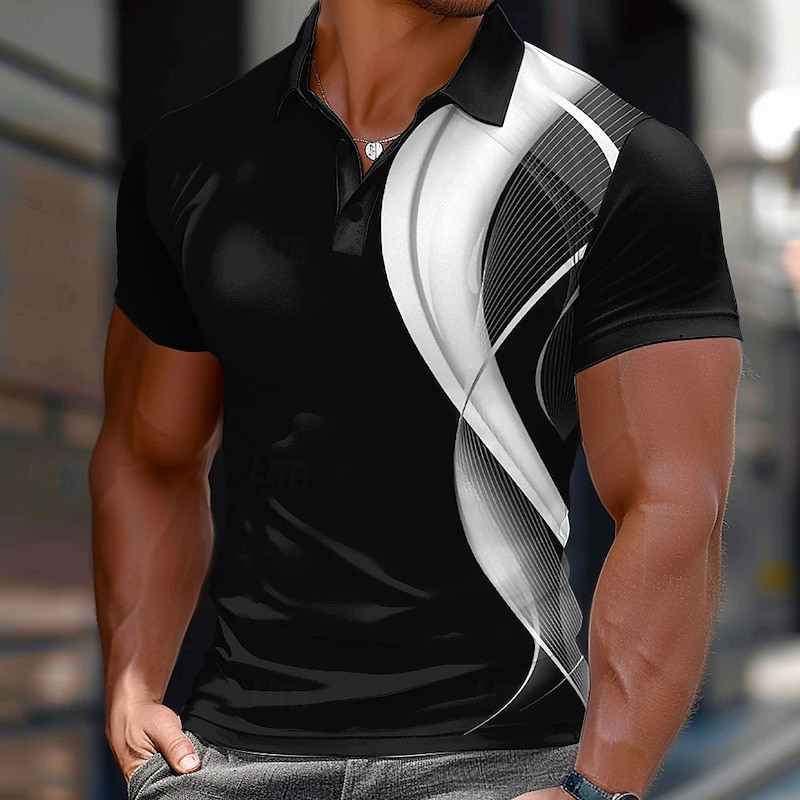 Men's Geometic Line Polo Short Sleeve Polo Shirts Collared Shirts Casual School Outdoor Daily Wear Home Wear 3D Print Summer Black White2