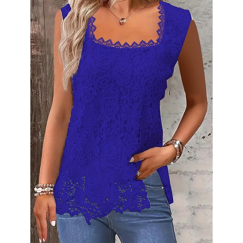 Women's Camisole Tank Top Solid Color Stylish Casual Sleeveless Square Neck Regular Tops Daily Lace Patchwork Black White Pink Red Blue Summer Spring4