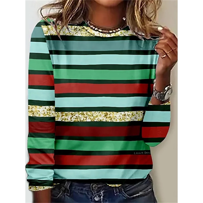 Women's T shirt Crew Neck Long Sleeve Tunic Cat Striped Casual  Regular Tops Daily Print Black Green Spring Fall MAO4