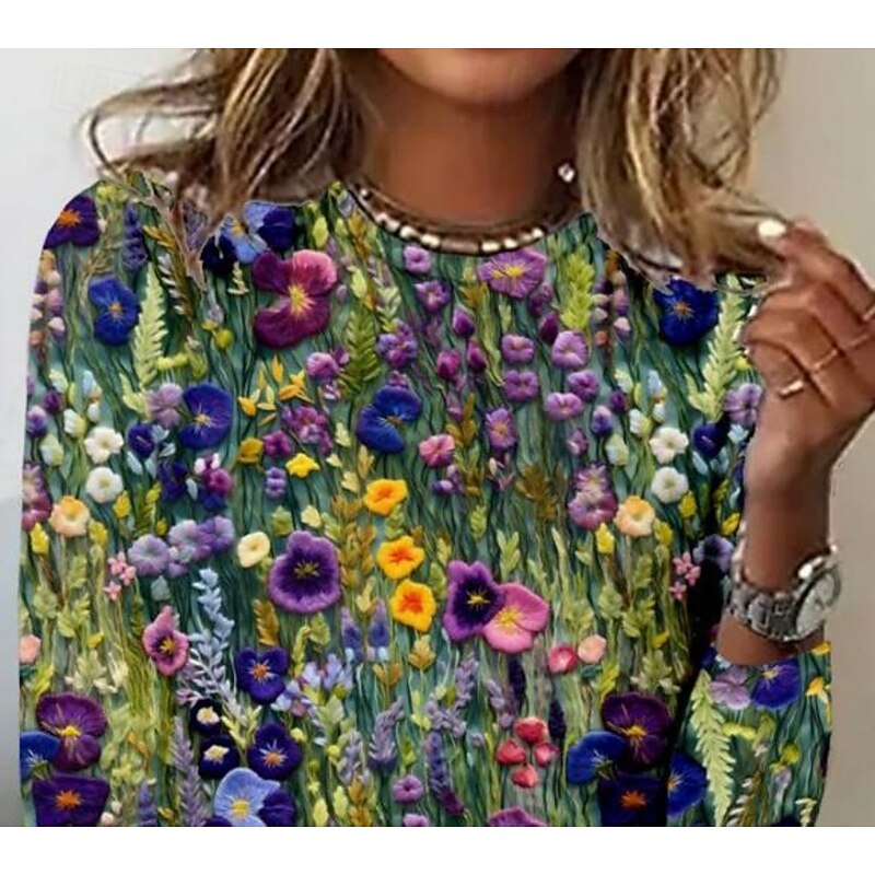 Women's T shirt Long Sleeve Crew Neck Long Sleeve Tunic Floral Elegant Vintage Regular Tops Daily Going out Weekend Print Sage Green Prefall2