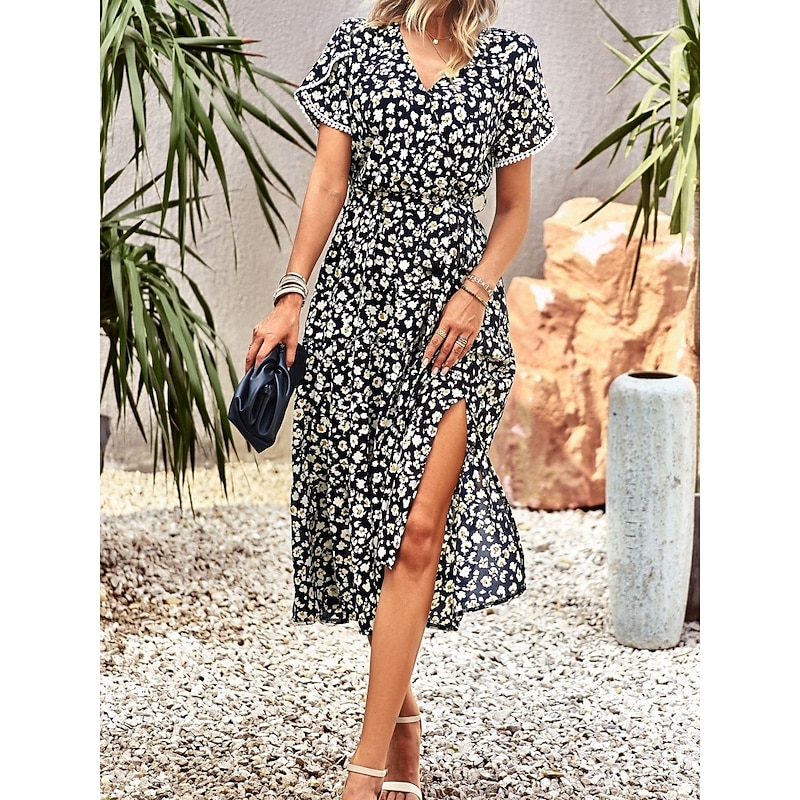 Women's Midi Dress Casual Dress Swing Dress A Line Dress Stylish Casual Vacation Daily Regular Fit Floral Short Sleeve V Neck Black White Purple Green Summer2