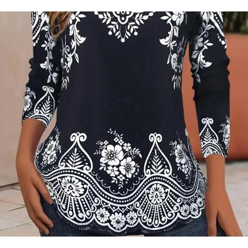 Women's T shirt Long Sleeve Crew Neck Long Sleeve Tunic Floral Graphic Casual Regular Tops Daily Print White / Black Black Blue Orange Brown Spring Fall Prefall3