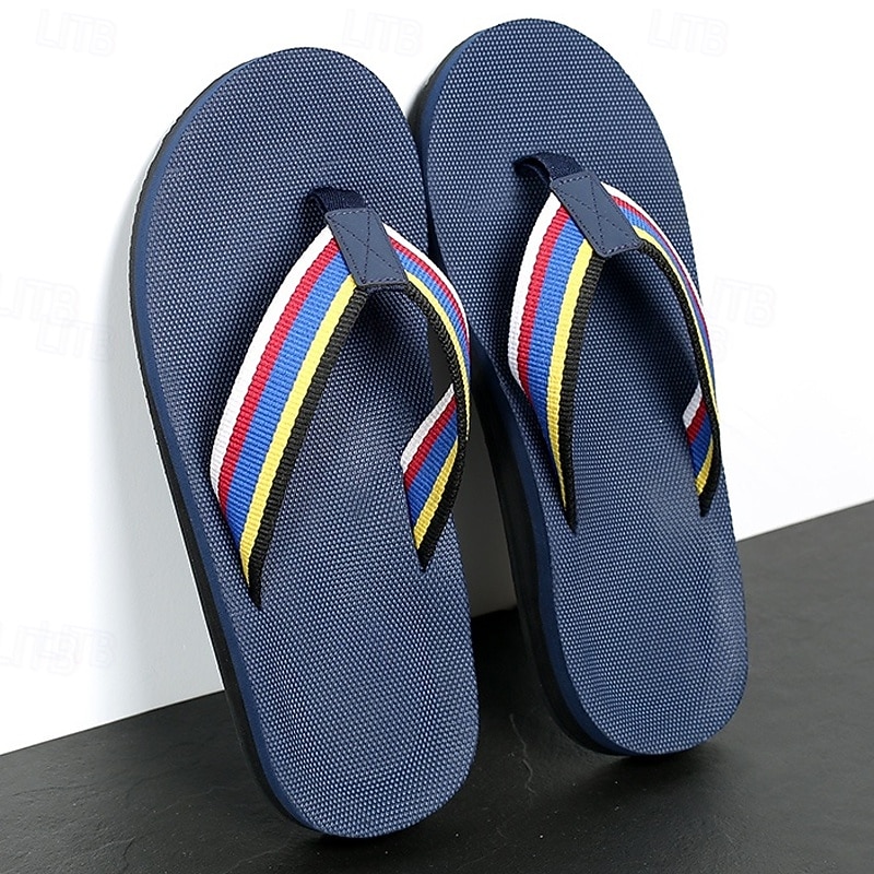 Men's Brown Flip Flops with Multi-Color Striped Strap, Casual Style for Beach and Summer Wear