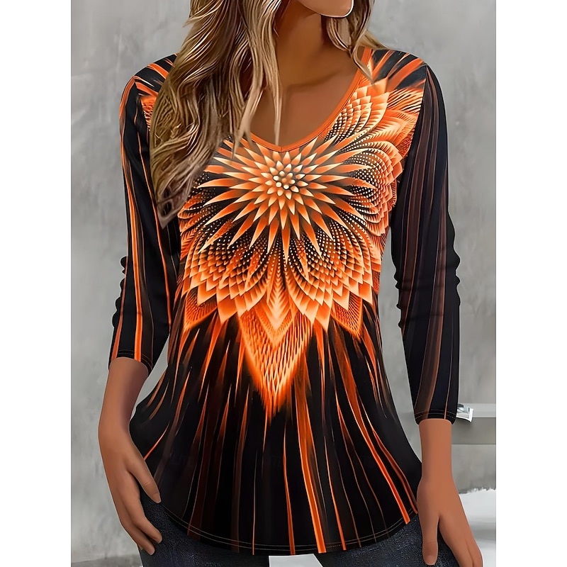 Women's T Shirt V Neck Long Sleeve Tunic Ombre Floral Geometric Elegant Vintage Regular Tops Daily Print Pink Orange Light Grey Summer Spring2