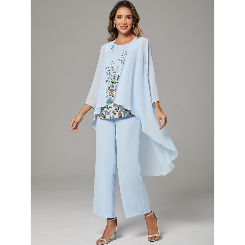 Floral Lace Pantsuit 3 Piece Mother of the Bride Wedding Embroidered Chiffon Long Sleeve Elegant Jewel Neck Floor Length Wrap