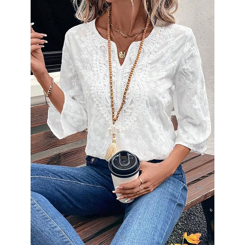 Women's Blouse Solid Color Elegant Daily Stylish 3/4 Length Sleeve V Neck Regular Tops Work Daily Holiday Embroidered White Summer Spring Fall2