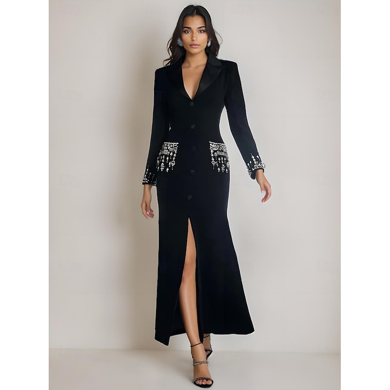 Tuxedo Dress A-Line Wedding Guest Stretch Crepe Elegant Long Sleeve Ankle Length Split Thigh Peak Lapel Single Breasted