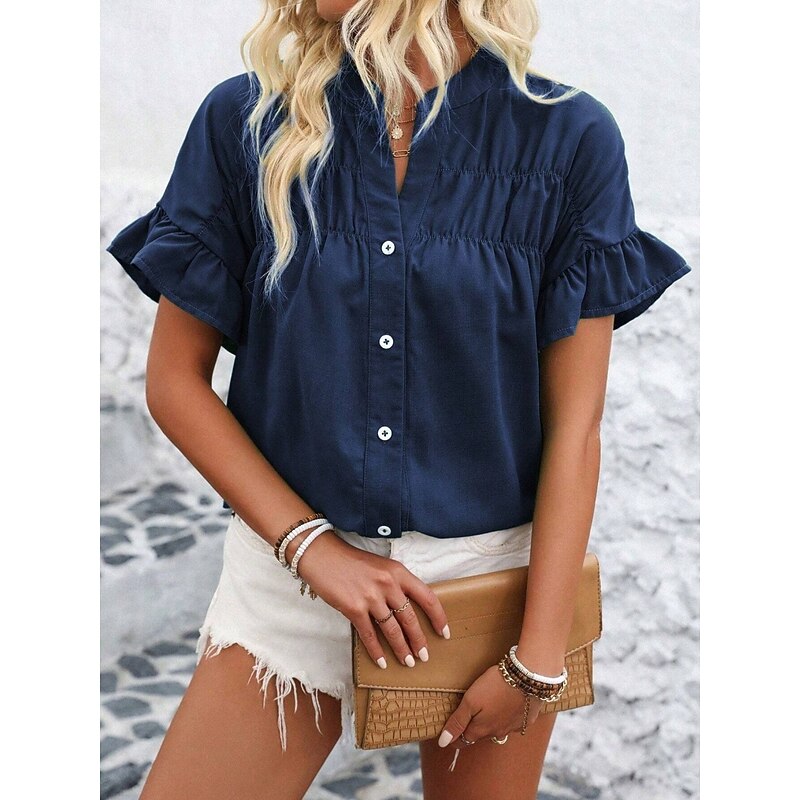 Women's Shirt Blouse Solid Color Stylish Casual Short Sleeve Crew Neck Regular Tops Daily Ruffle Buttons Silver Black Red Navy Blue Blue Summer3