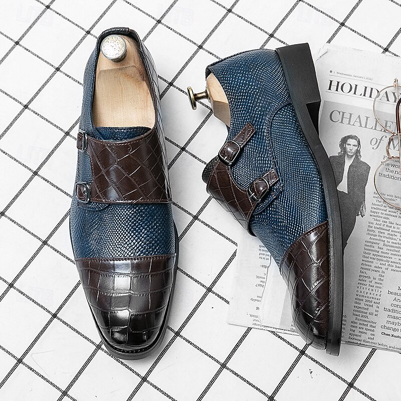 Men's Blue and Brown Faux Leather Double Monk Strap Shoes with Crocodile Print – Premium Formal Footwear for Stylish Men, Ideal for Business, Weddings, and Special Events2