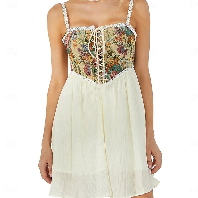 Retro Vintage Medieval Renaissance Mini Dress Flare Dress Elven Spaghetti Strap Corset Floral A-Line Swing Fancy Dress Women's Fantasy Adults' Dress2
