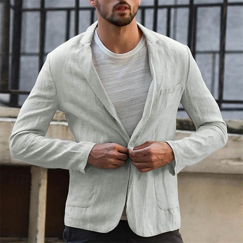 Men's Linen Blazer Blazer Business Cocktail Party Wedding Party Fashion Casual Spring Autumn / Fall Linen Cotton Blend Solid Color Pocket Buttons Comfortable Single Breasted One-button Blazer Black2
