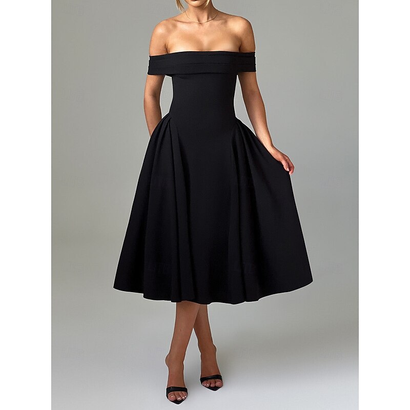 Retro Vintage 1950s Midi Dress Flare Dress Off Shoulder Solid Color A-Line Fancy Dress Women's Masquerade Wedding Vacation Tea Party Adults' Dress