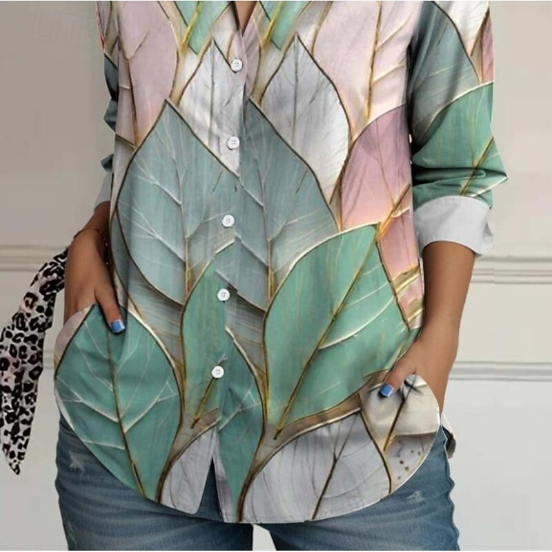 Women's Shirt Button Down Tunic Shirt Collar Long Sleeve Floral Elegant Daily Ladies V Neck Regular Tops Daily Grass Green Fall Winter3