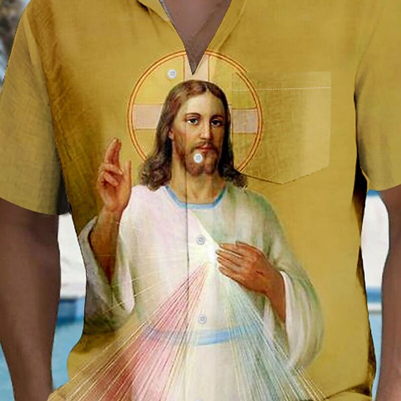 Easter Men's Jesus Relief Pattern Shirt Button Up Shirt Short Sleeve Vintage Retro Holiday Festival Summer Turndown 3D Print Collared Shirts Front One Pocket Yellow2