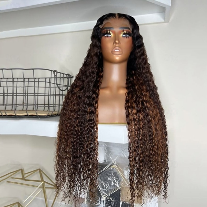 Remy Human Hair 5x5 Closure 13x4 Lace Front Wig Middle Part Brazilian Hair Curly Brown Wig 130% 150% Density Ombre Hair Glueless Pre-Plucked For Women Long Human Hair Lace Wig2